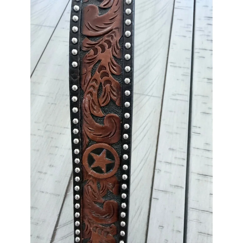 V- 037- 3-D Belt Co Mens Brown Hand Tooled Leather Western Star Studded Belt 36